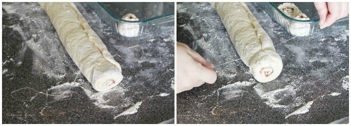 Cutting cinnamon rolls