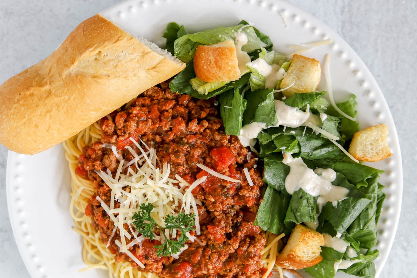 spaghetti with caesar salad