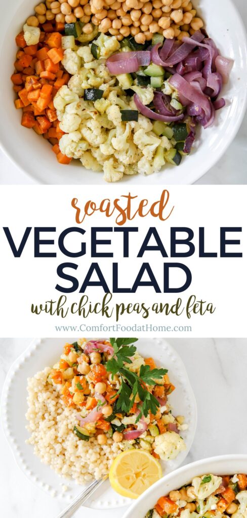 Roasted root vegetable salad with chickpeas and feta cheese