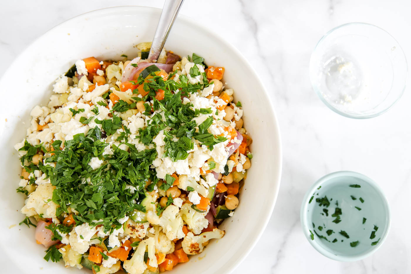 delicious root vegetable salad with chickpeas, feta, parsley and dressing