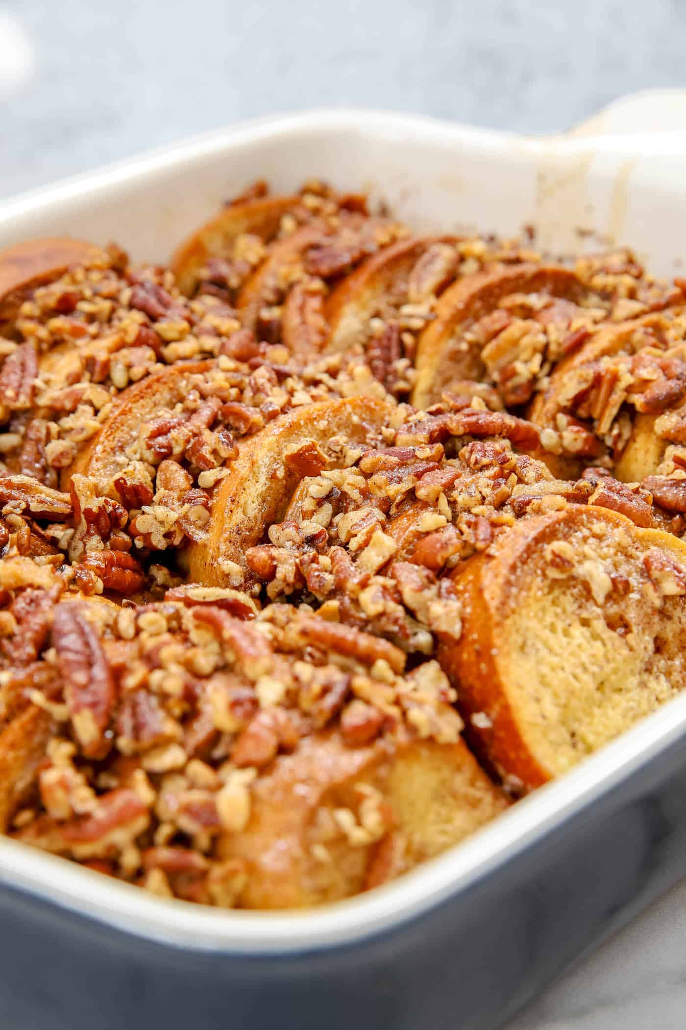 French toast casserole with pecans on top