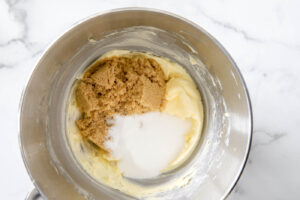 wet ingredients and sugars for strawberry cheesecake cookies.