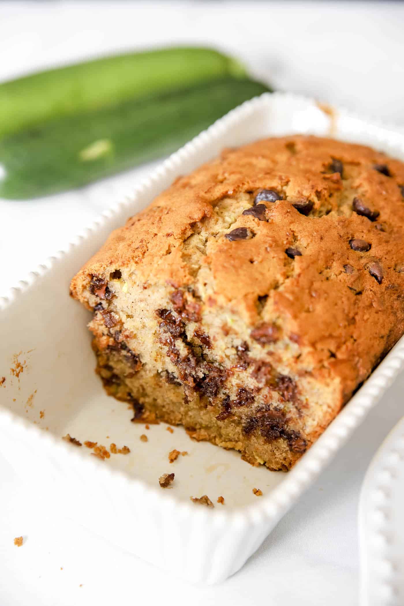 zucchini bread with chocolate chips in a loaf pan