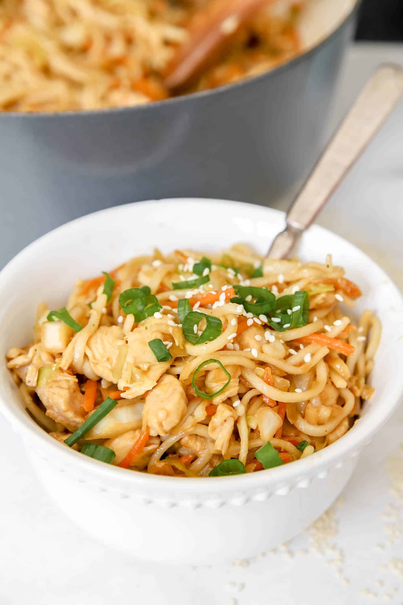 chicken chow mein in a bowl