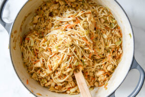 Large dutch oven of chicken chow mein