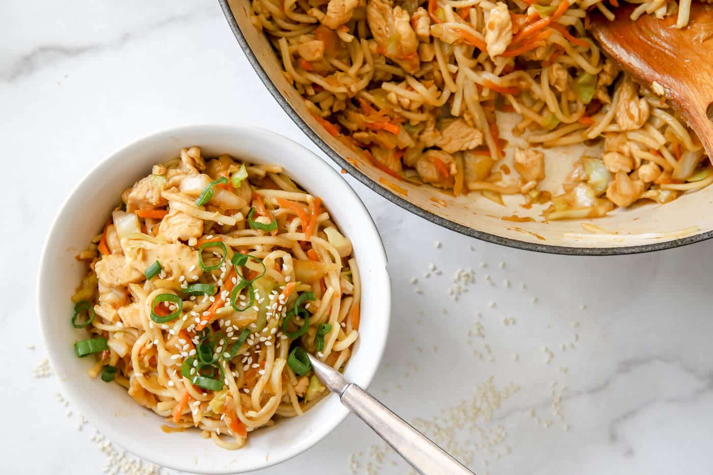 chicken chow mein in a bowl