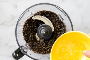 add butter to oreo crumbs for mint chocolate chip pie