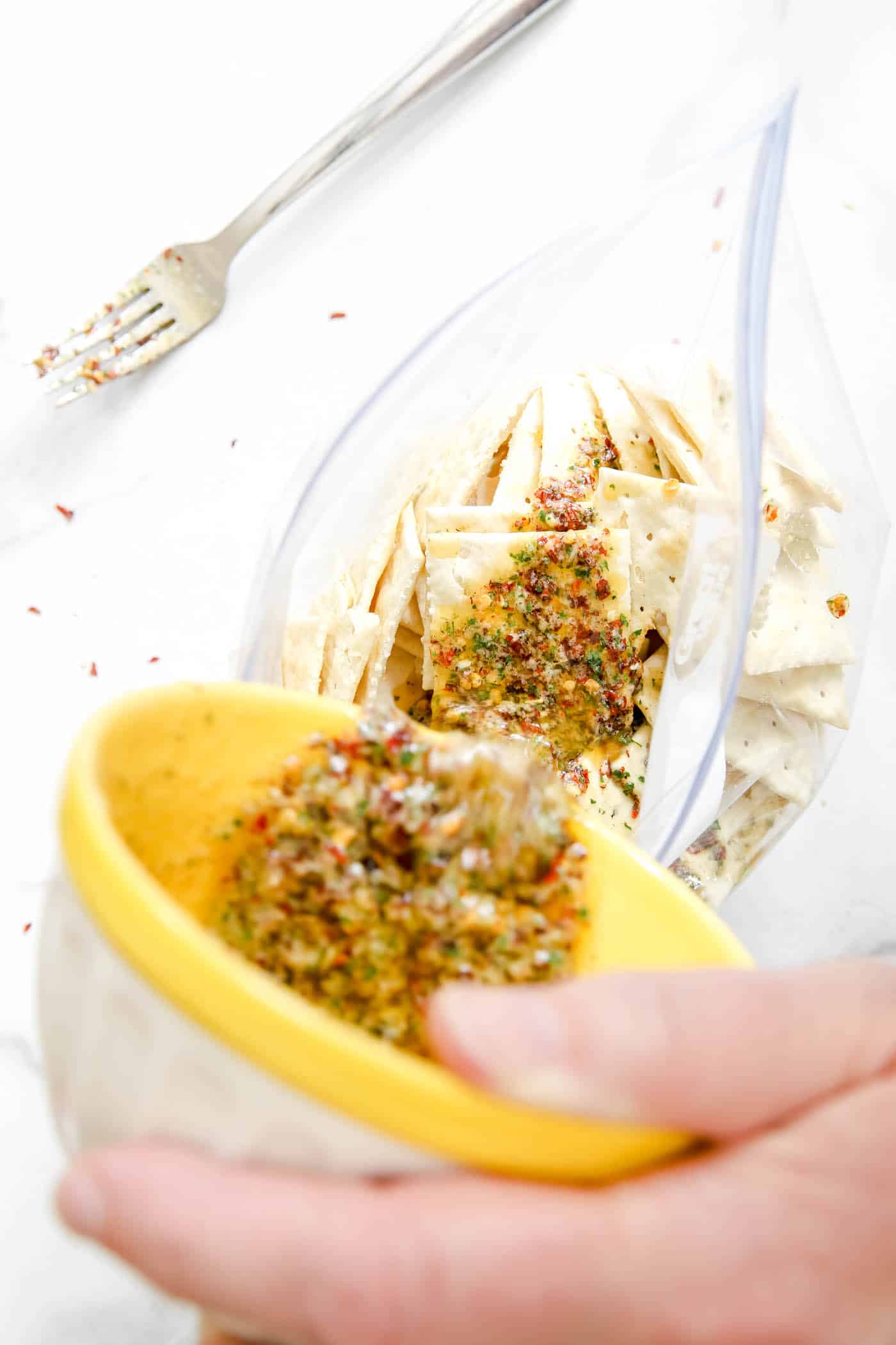 ranch fire crackers in a ziplock bag bag with seasoning. 
