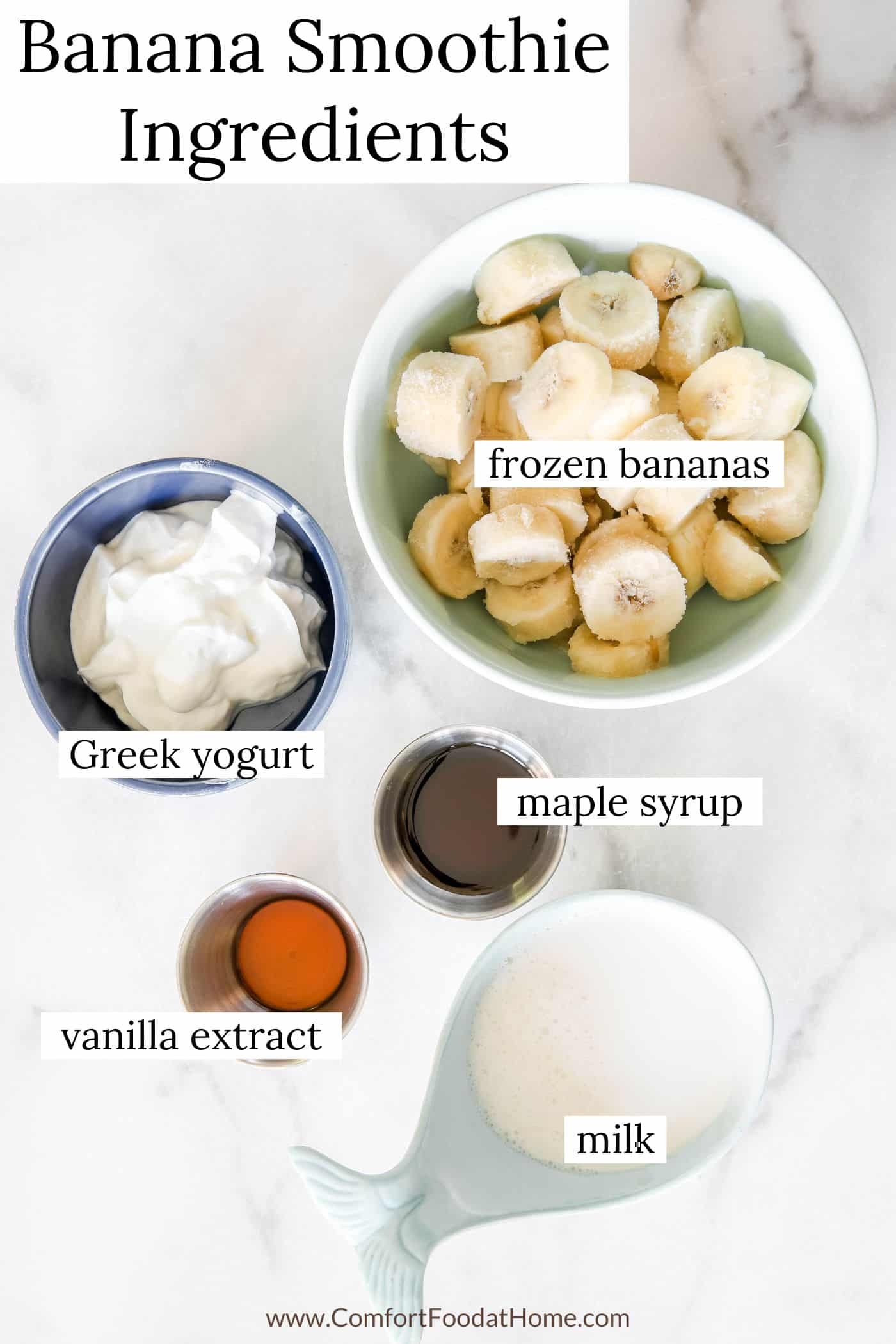 creamy banana smoothie ingredients.