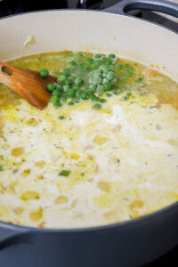 peas, broth and cream for Bisquick chicken and dumplings recipe