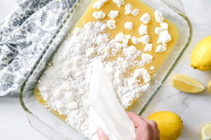 cake mix dumped on top of lemon dump cake.