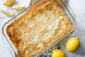 lemon dump cake straight out of the oven.