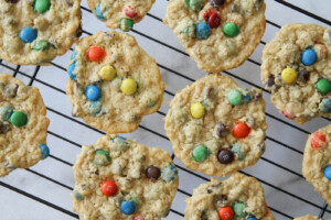 monster cookies on cooling rack.