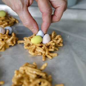 add chocolate mini eggs to butterscotch treats to make an Easter nest treat.