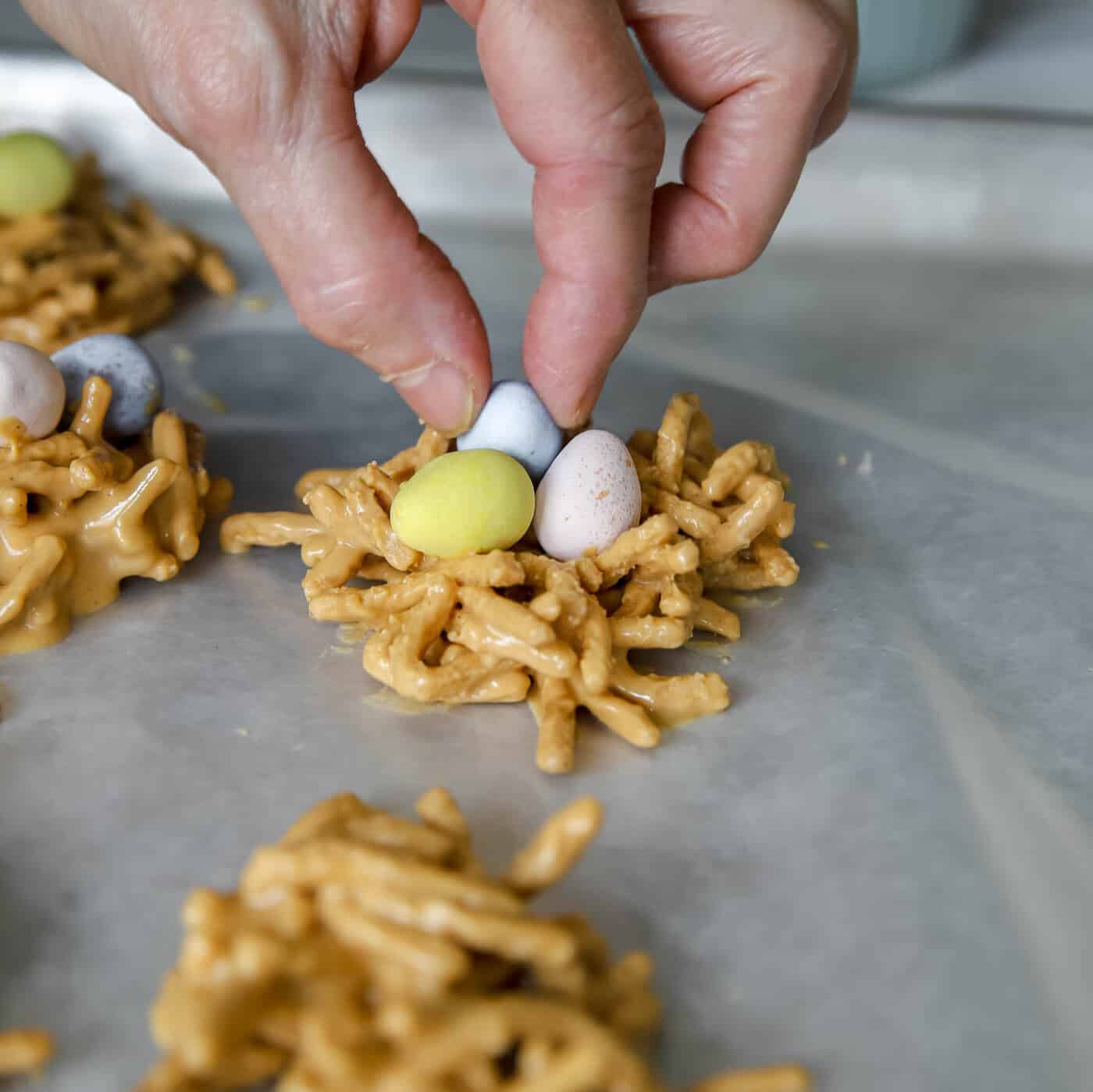 add chocolate mini eggs to butterscotch treats to make an Easter nest treat.