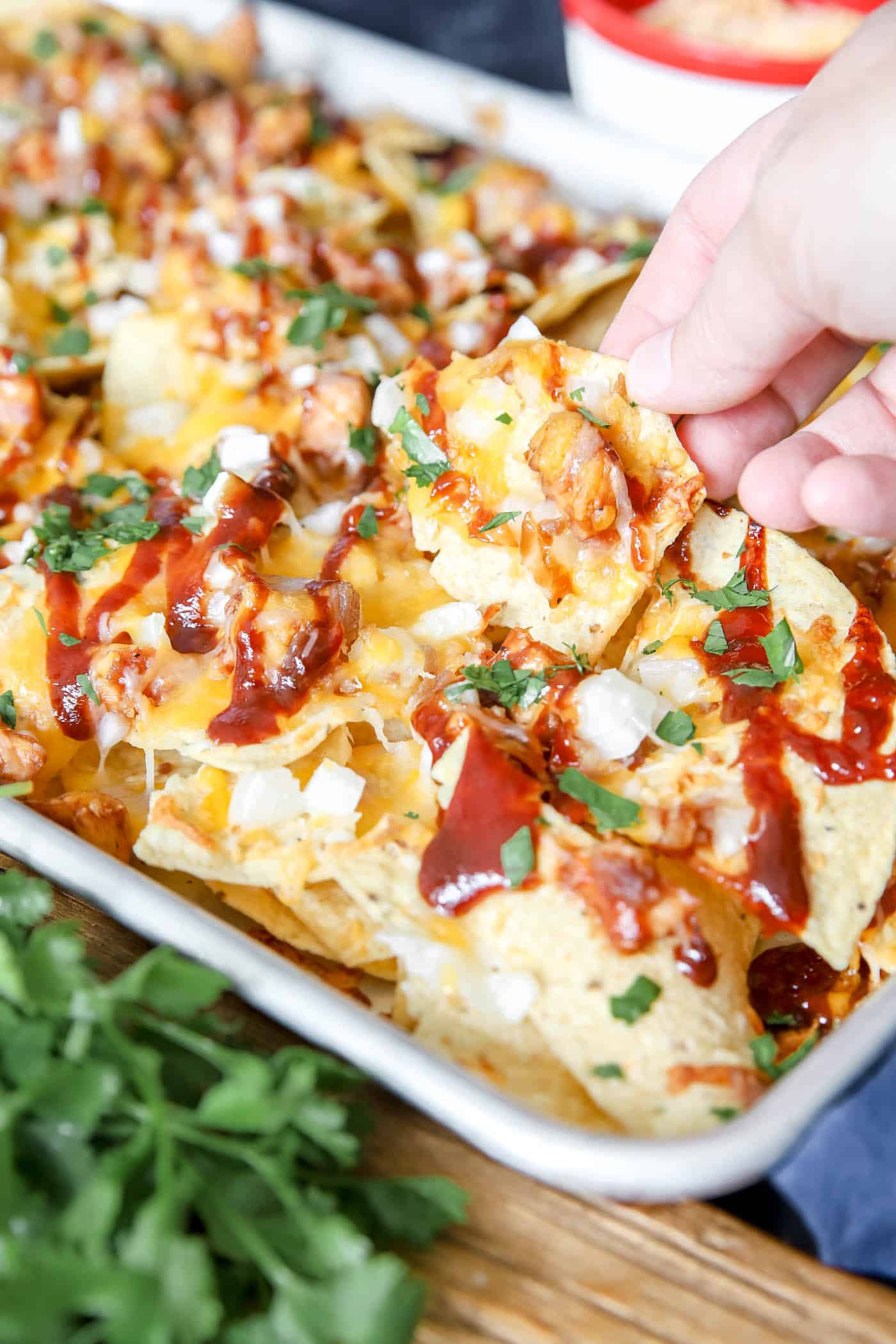 BBQ chicken sheet pan nachos recipe.