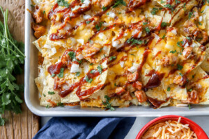 baked sheet pan bbq chicken nachos.