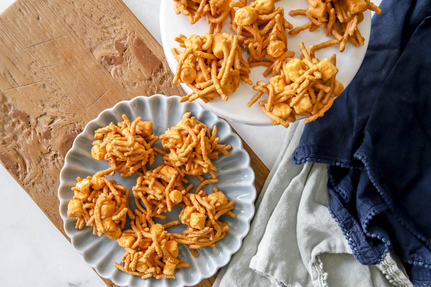 butterscotch haystacks on a blue plate