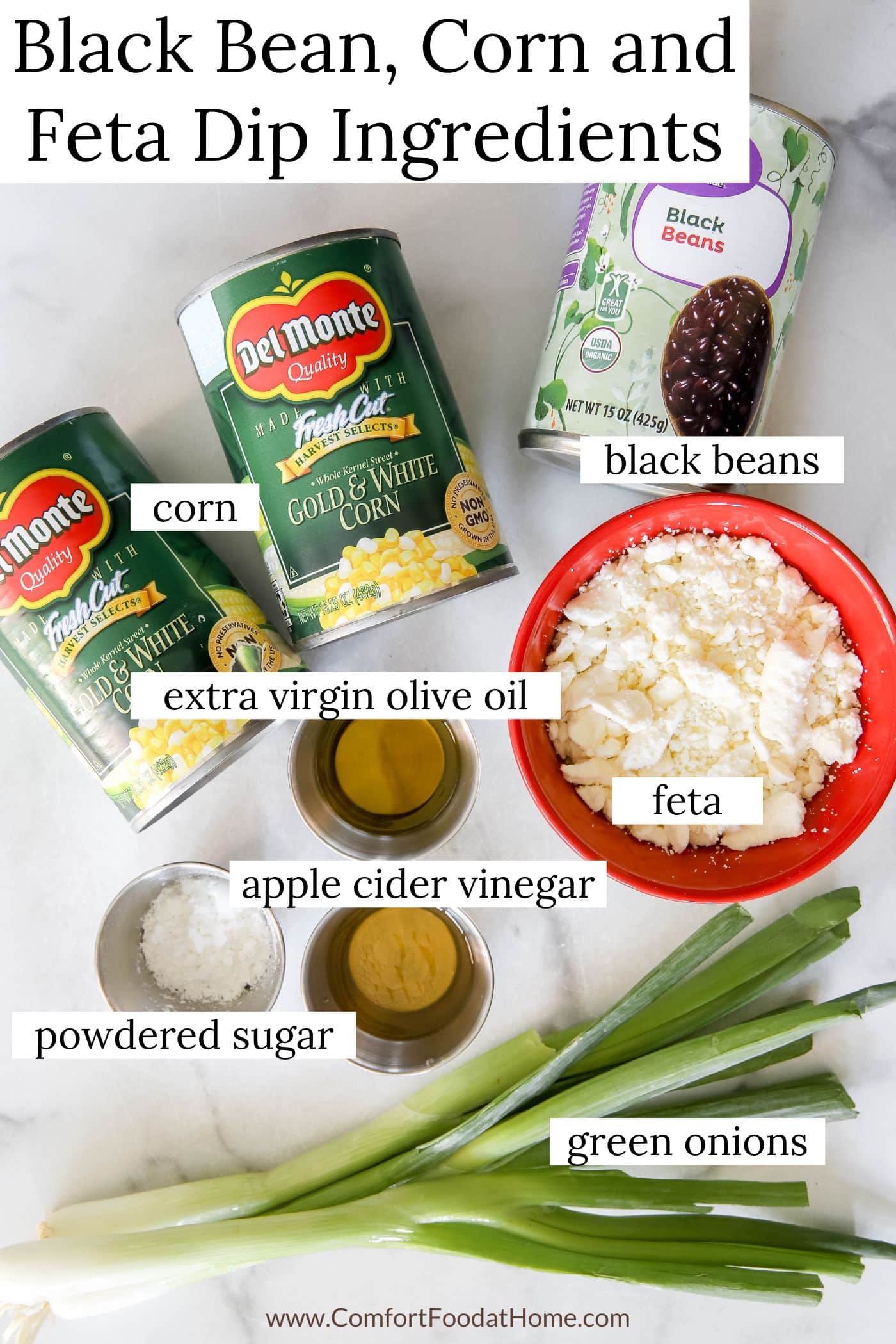 black bean, corn and feta dip ingredients.